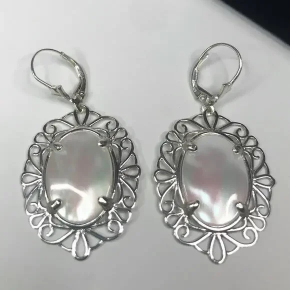 Beautiful Mother of Pearl Earrings in Sterling Silver 2 inch - Picture 3 of 8